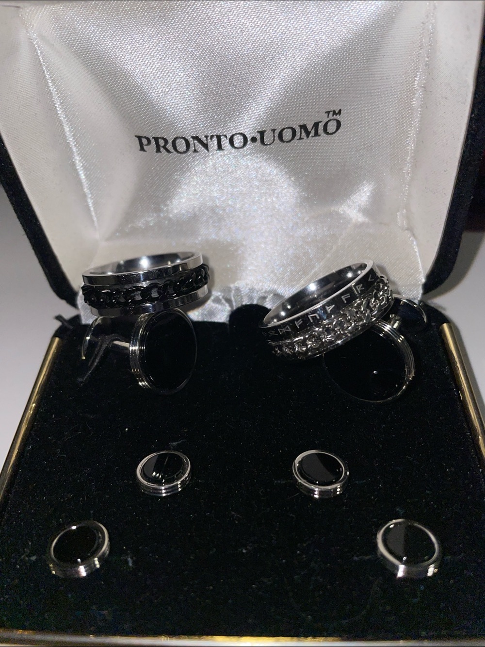 Bundle! 2 spinner bands 10&11 & Pronto Uomo Silver black Tone Cufflink Stud Set